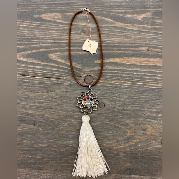 Jewelry - NEW handmade 16” brown leather chain gemstone floral & tassel pendant necklace